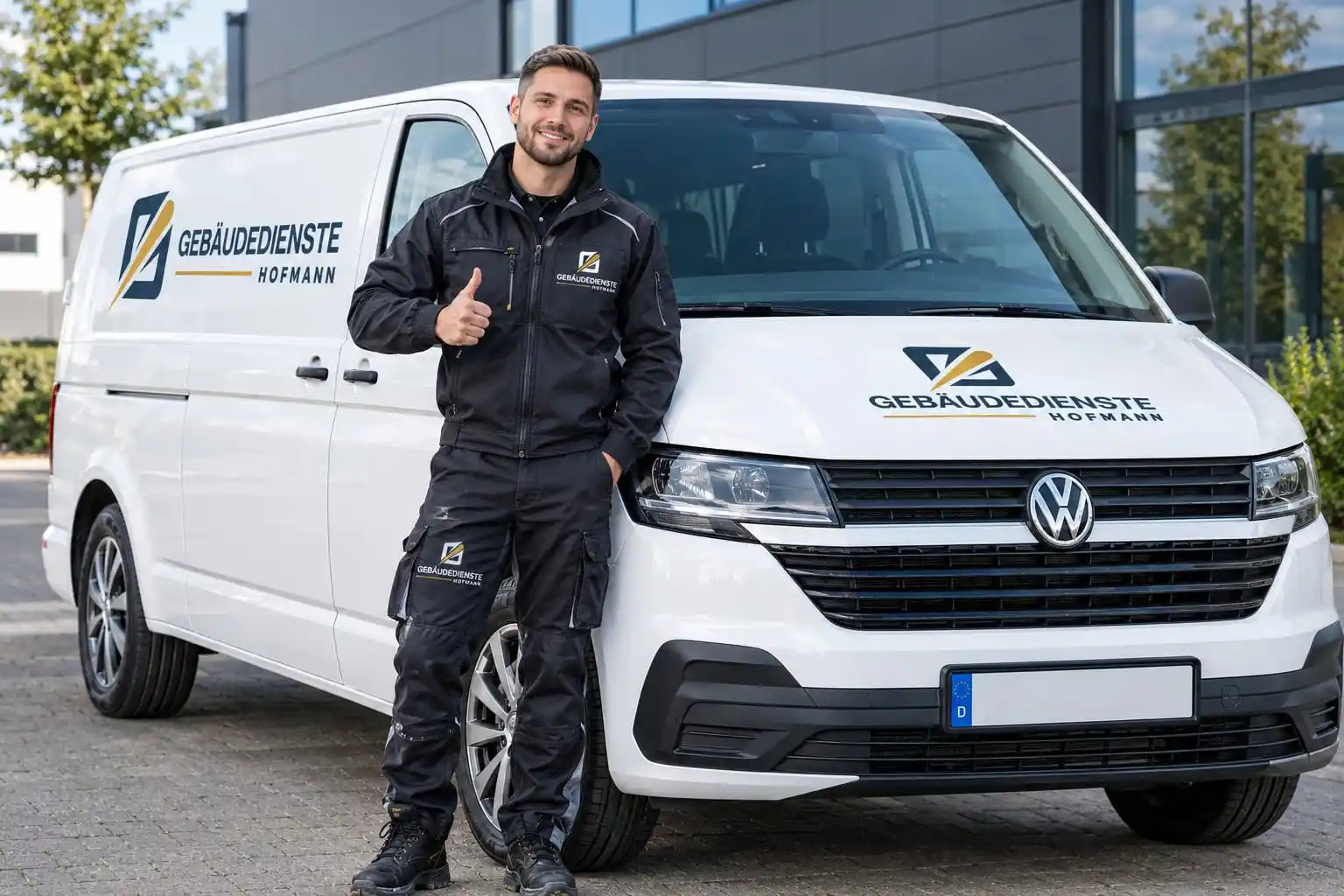 Mitarbeiter in schwarzer Arbeitskleidung mit Firmenlogo gibt ein Daumen hoch vor einem weißen Transporter mit dem Logo von Gebäudedienste Hofmann