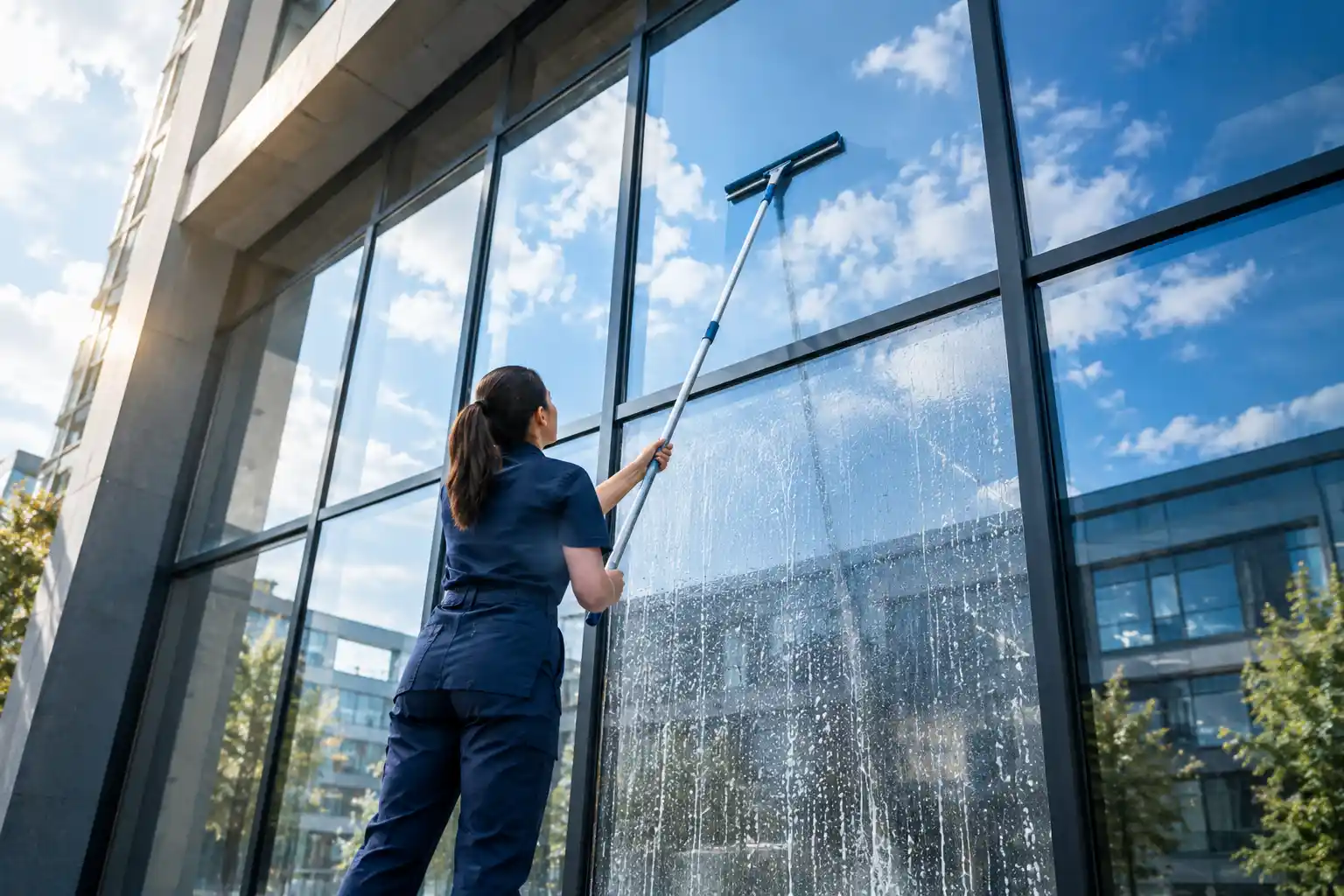 Glasreinigung an einer Fensterfront
