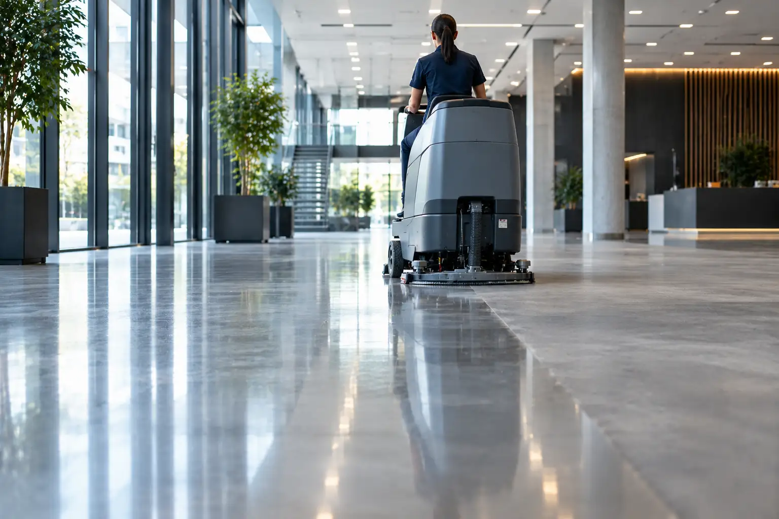 Grundreinigung eines Bodens mit professioneller Reinigungsmaschine