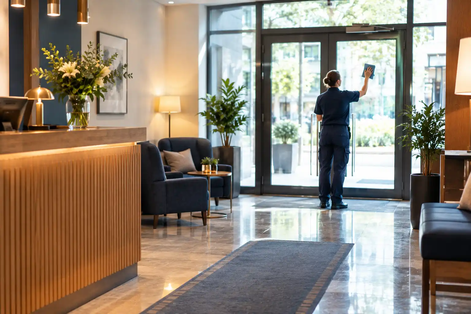 Empfangsbereich eines Hotels mit sauberem Eingang