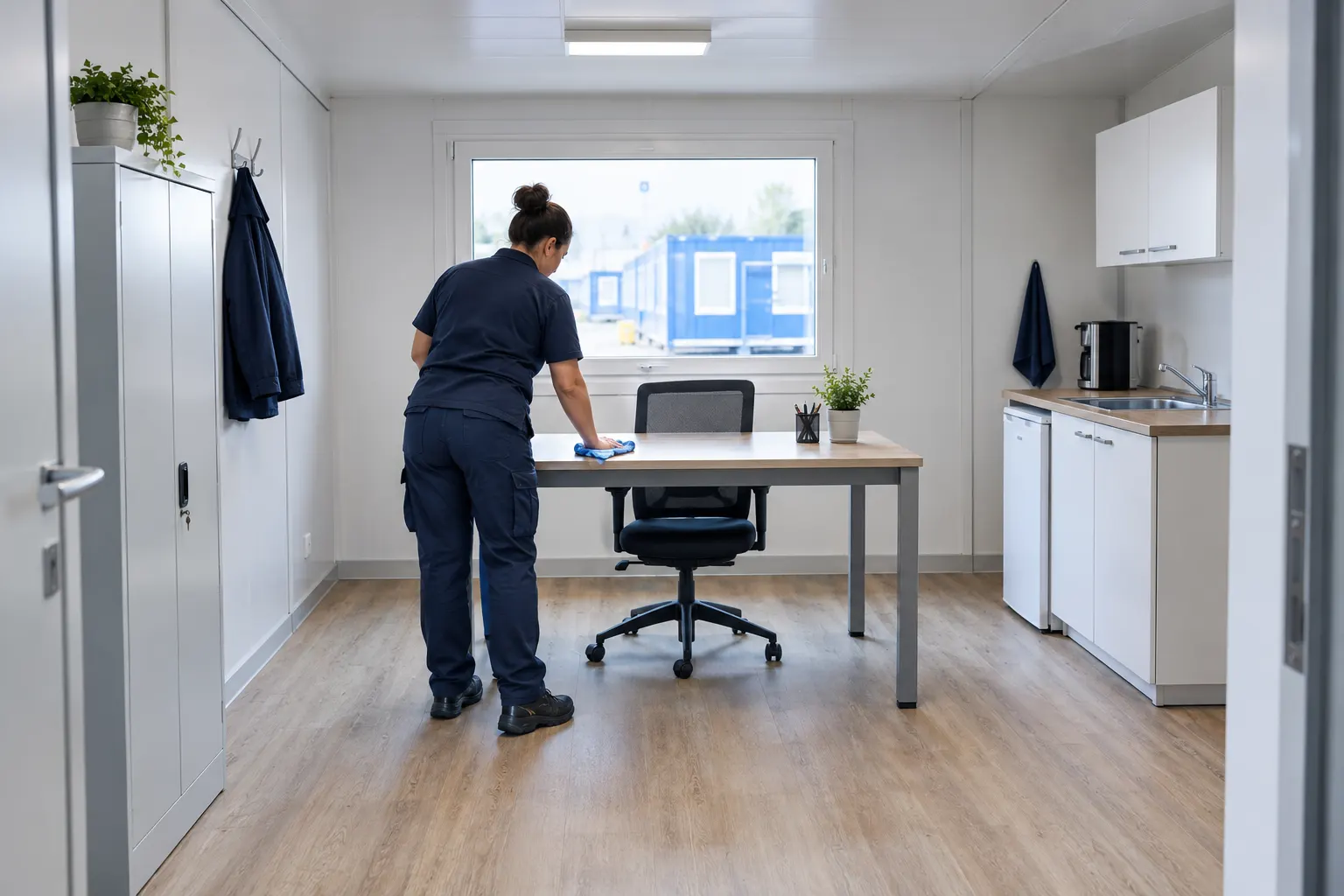 Gereinigter Büro-Container mit Schreibtisch