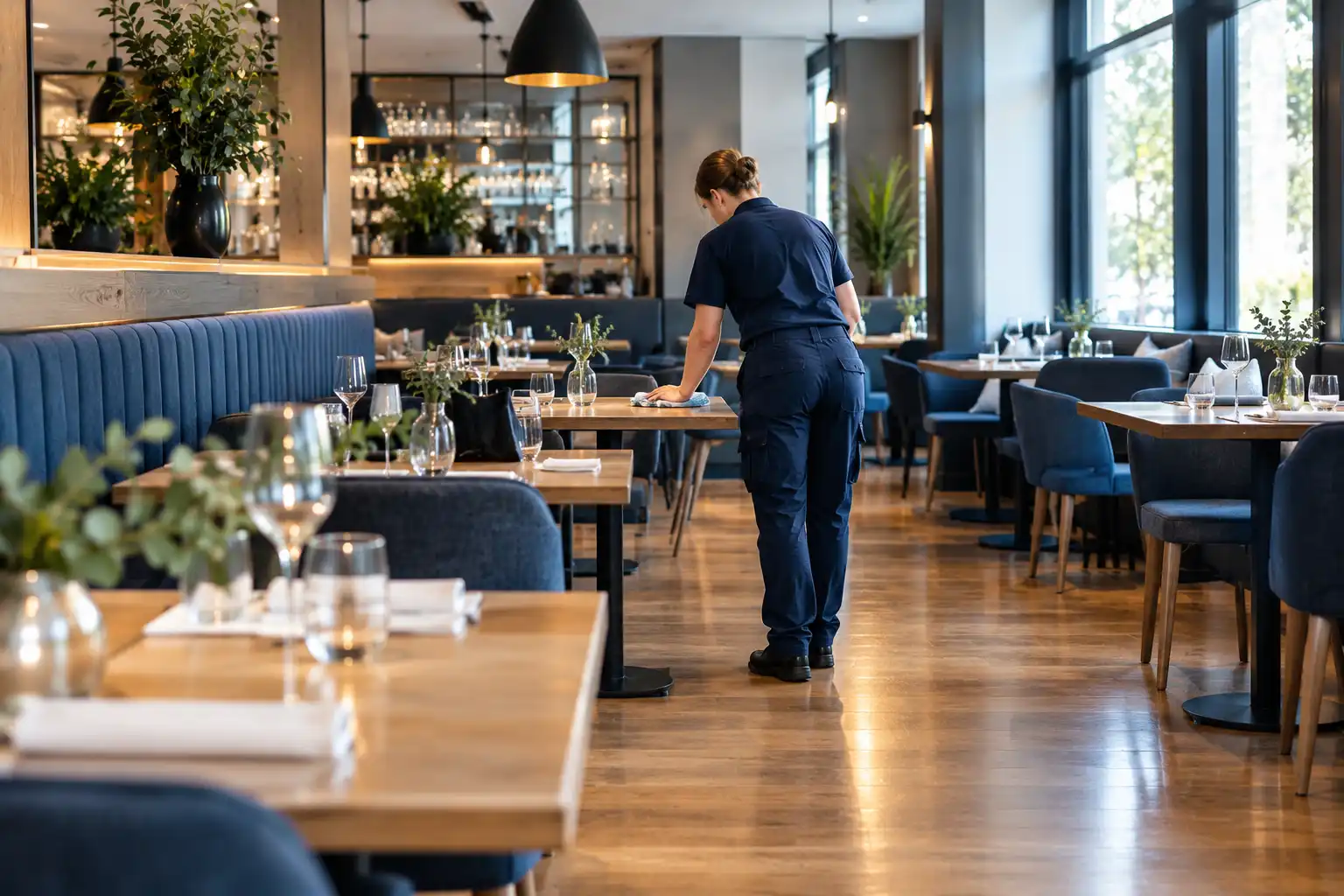 Gepflegter Gastraum eines Restaurants vor der Öffnung