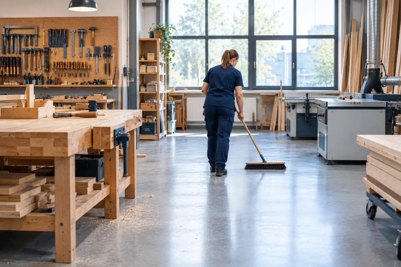 Aufgeräumte Werkstatt wird gefegt