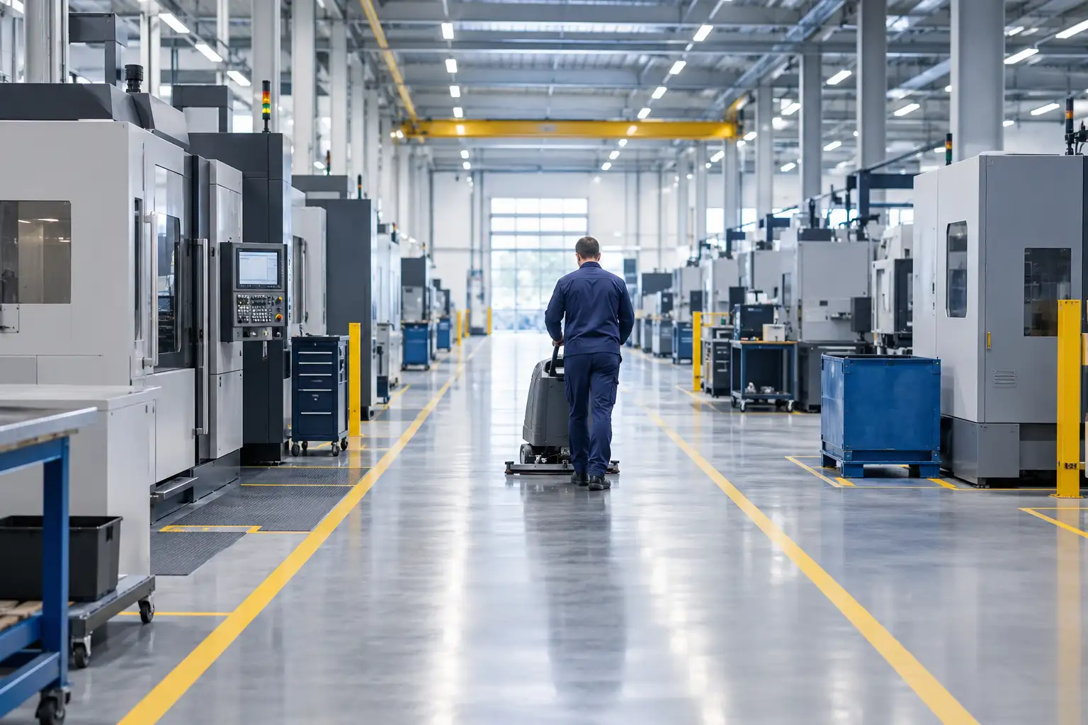 Saubere Produktionshalle mit Bodenreinigungsmaschine